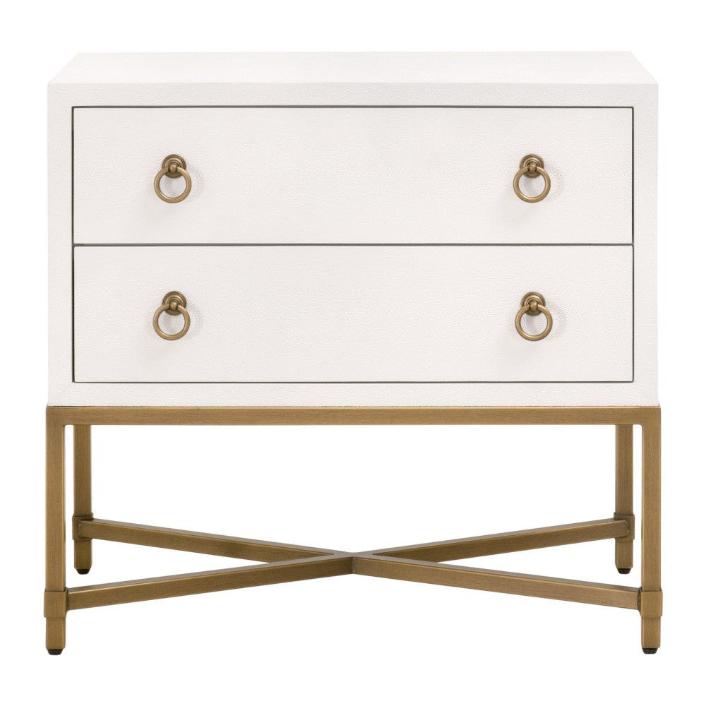 Vem Nightstand 2 Drawers Modern White Shagreen Brushed Gold Metal BM326497
