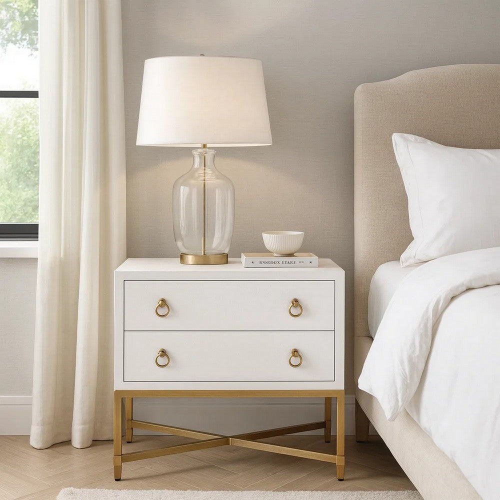 Vem Nightstand, 2 Drawers, Modern White Shagreen, Brushed Gold Metal