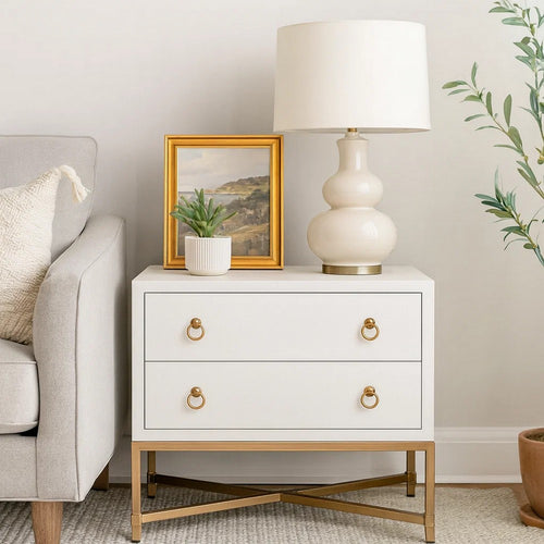 Vem Nightstand, 2 Drawers, Modern White Shagreen, Brushed Gold Metal