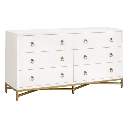 Vem Wide Dresser, 6 Drawers, Pearl White Shagreen, Brushed Gold Metal