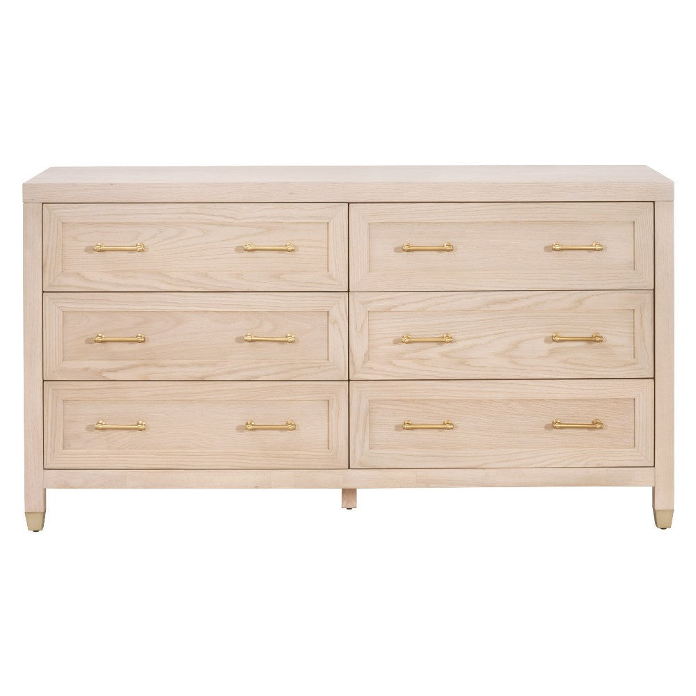 Jae Dresser 6 Drawers Light Oak Brown Solid Wood Brushed Brass BM326502