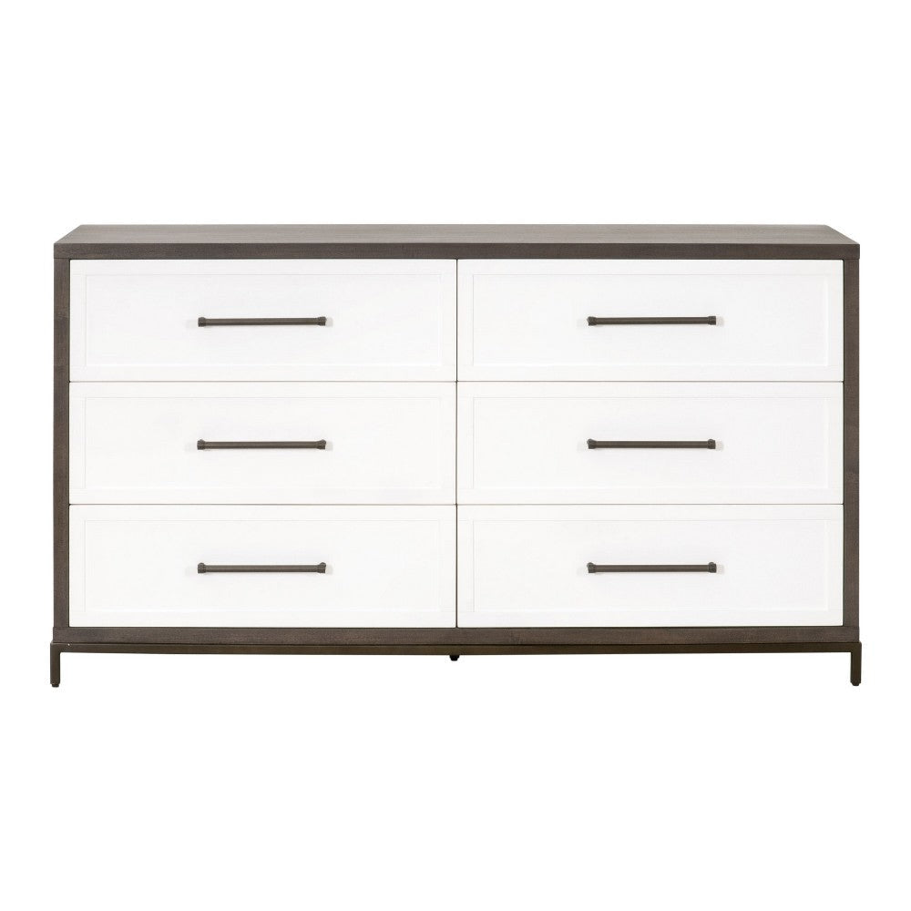 Dresser 6 Drawer Distressed Bronze Handles Brown White Wood 63x20 BM326503