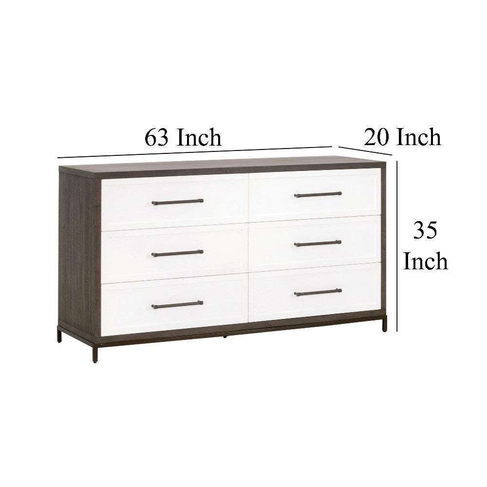 Dresser 6 Drawer Distressed Bronze Handles Brown White Wood 63x20 BM326503
