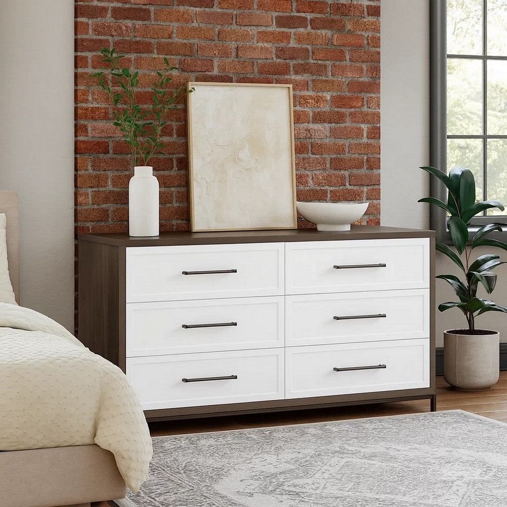 Dresser, 6 Drawer Distressed Bronze Handles, Brown White Wood 63x20