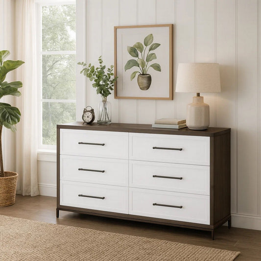 Dresser, 6 Drawer Distressed Bronze Handles, Brown White Wood 63x20