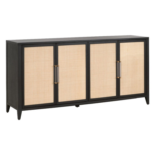 Gia Media Sideboard Cabinet, 4 Doors, Black and Brown Rattan, 71"