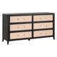 Gia Wide Dresser, 6 Drawers, Black Solid Wood, Brown Rattan, 68"