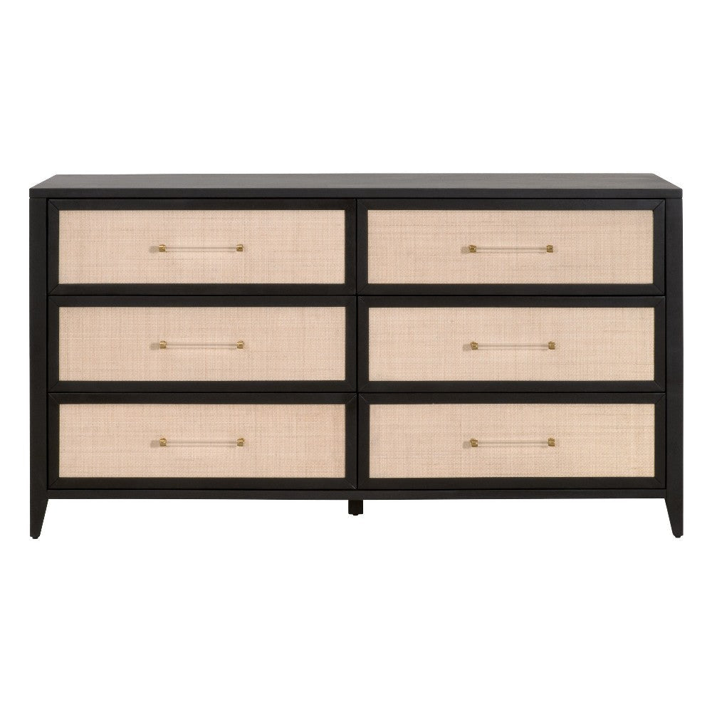 Gia Wide Dresser 6 Drawers Black Solid Wood Brown Rattan 68’’ BM326505