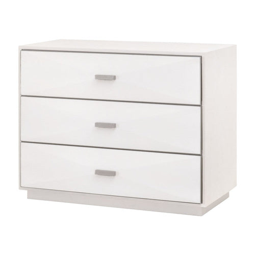 Theo Nightstand, 3 Drawers, Modern White Shagreen Solid Wood, Silver