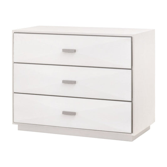 Theo Nightstand, 3 Drawers, Modern White Shagreen Solid Wood, Silver