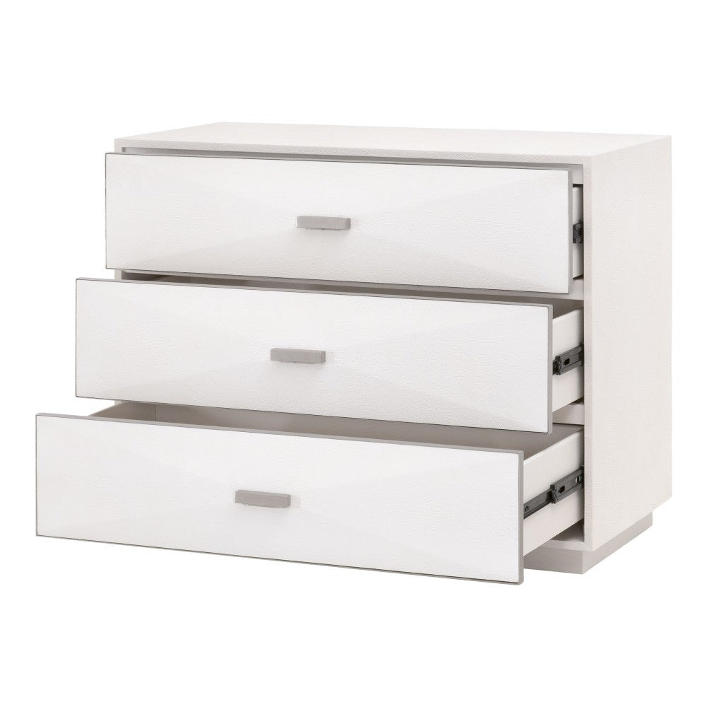 Theo Nightstand 3 Drawers Modern White Shagreen Solid Wood Silver BM326506