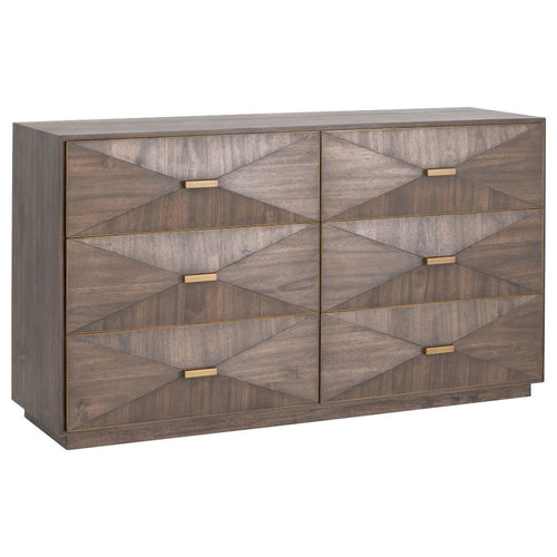 Theo Wide Dresser, 6 Drawers, 64x20 Rustic Brown Wood, Brushed Gold
