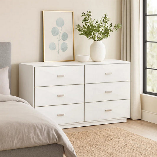 Theo Wide Dresser 6 Drawers, 64x20 Modern White Shagreen Solid Wood