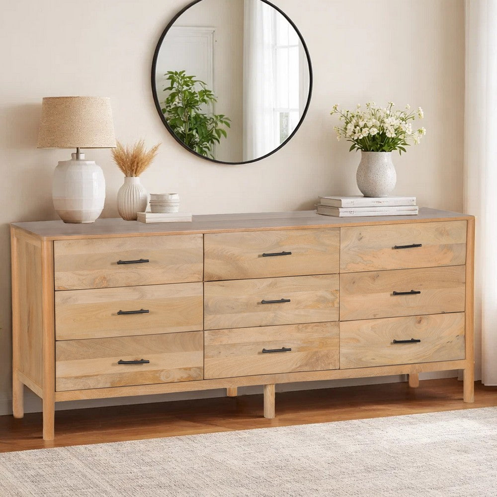 Geti 84 Inch Wide Dresser, 9 Spacious Drawers, Handcrafted Natural Oak White Mango Wood