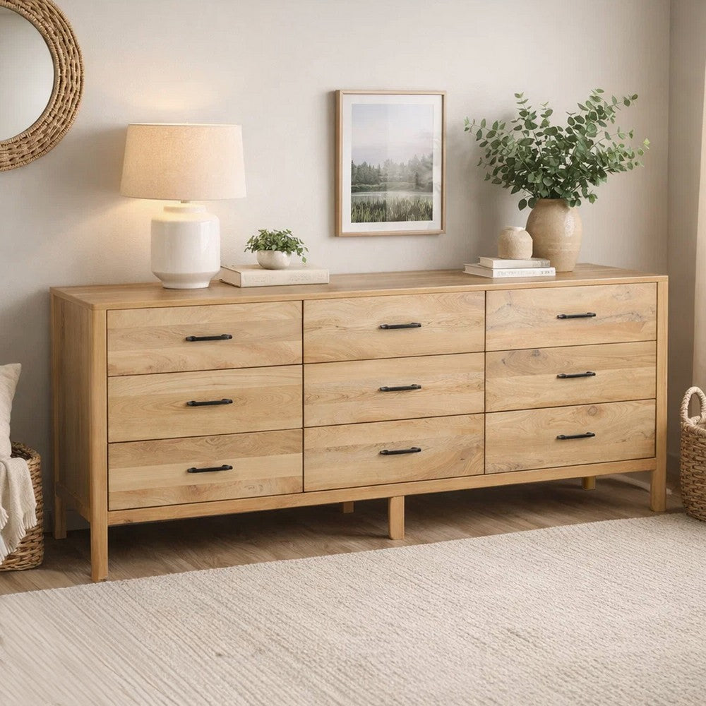 Geti 84 Inch Wide Dresser, 9 Spacious Drawers, Handcrafted Natural Oak White Mango Wood
