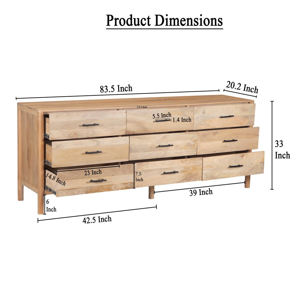 Geti 84 Inch Wide Dresser, 9 Spacious Drawers, Handcrafted Natural Oak White Mango Wood