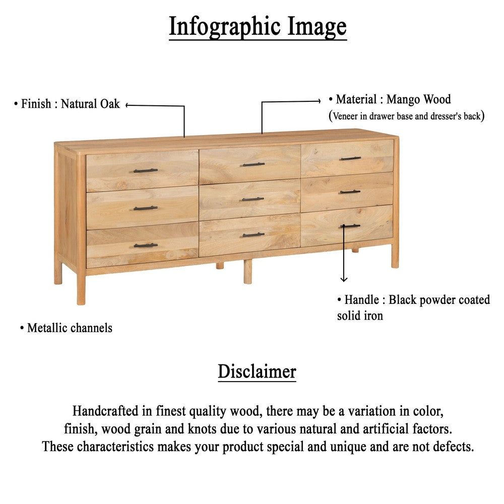 Geti 84 Inch Wide Dresser, 9 Spacious Drawers, Handcrafted Natural Oak White Mango Wood