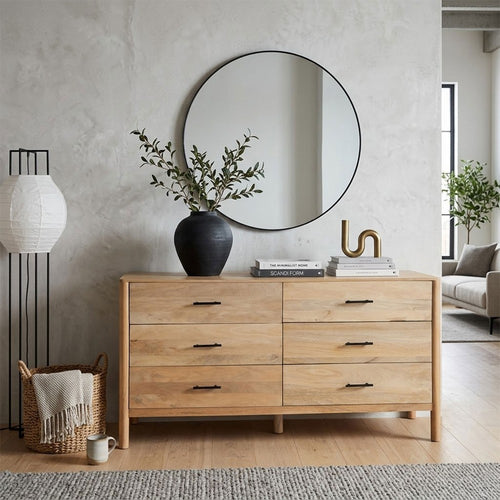 Geti 66 Inch Wide Dresser, 6 Drawers, Handcrafted Natural Oak White Mango Wood