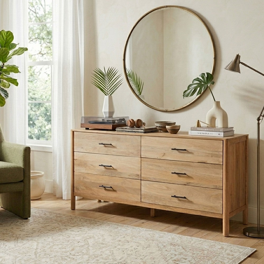 Geti 66 Inch Wide Dresser, 6 Drawers, Handcrafted Natural Oak White Mango Wood