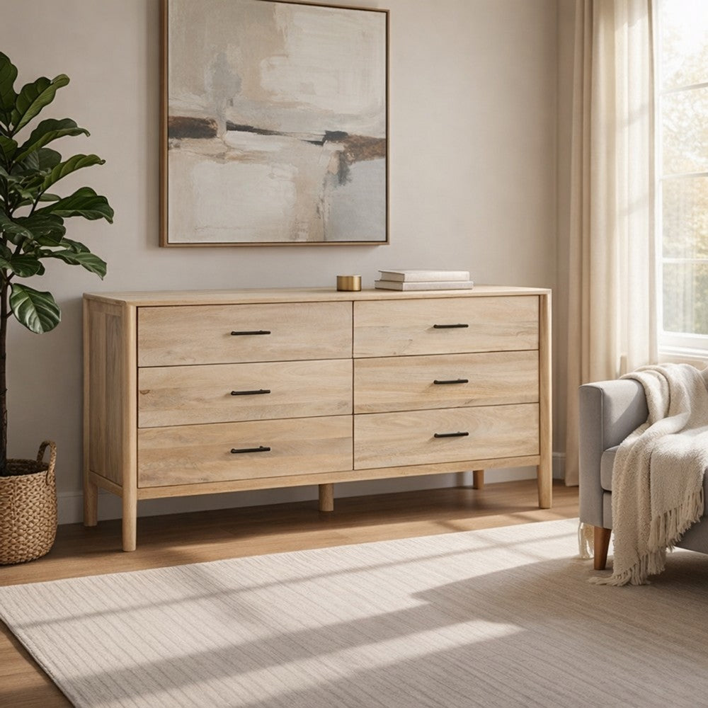 Geti 66 Inch Wide Dresser, 6 Drawers, Handcrafted Natural Oak White Mango Wood