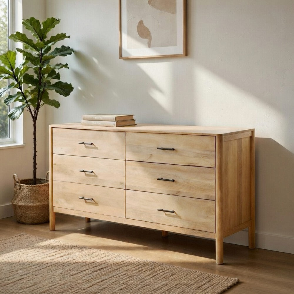 Geti 66 Inch Wide Dresser, 6 Drawers, Handcrafted Natural Oak White Mango Wood