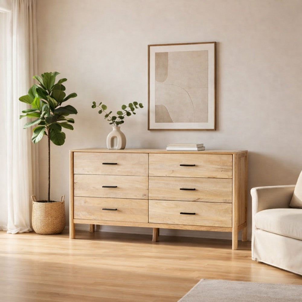 Geti 66 Inch Wide Dresser, 6 Drawers, Handcrafted Natural Oak White Mango Wood