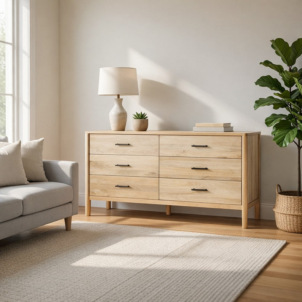 Geti 66 Inch Wide Dresser, 6 Drawers, Handcrafted Natural Oak White Mango Wood