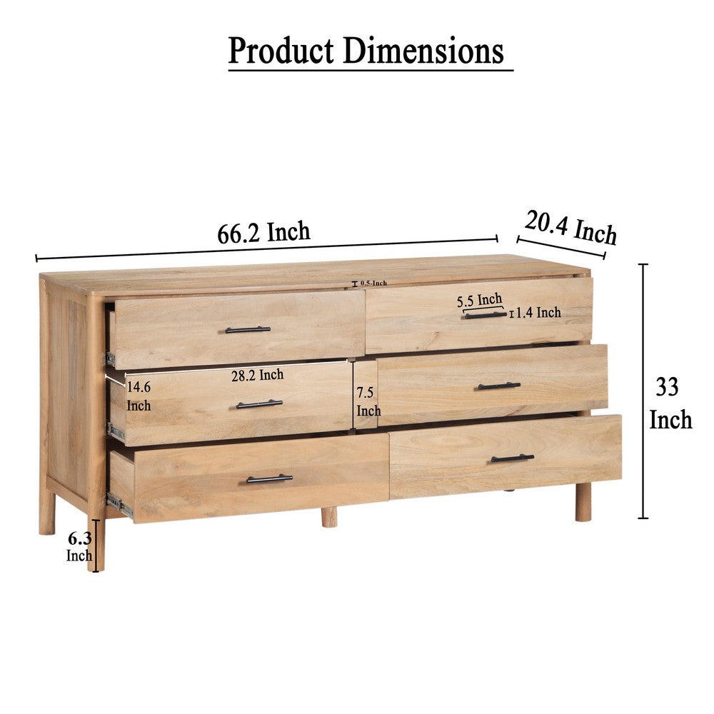 Geti 66 Inch Wide Dresser, 6 Drawers, Handcrafted Natural Oak White Mango Wood