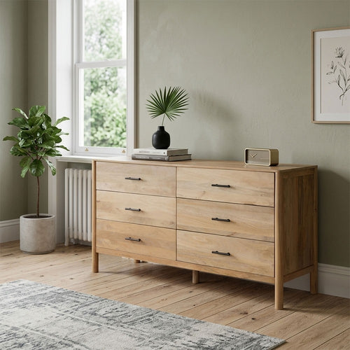 Geti 66 Inch Wide Dresser, 6 Drawers, Handcrafted Natural Oak White Mango Wood