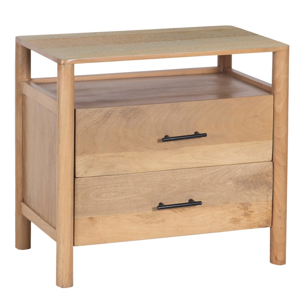 Geti 29 Inch Bedside Nightstand Table, 2 Drawer, Open Shelf, Handcrafted Natural Oak White Mango Wood