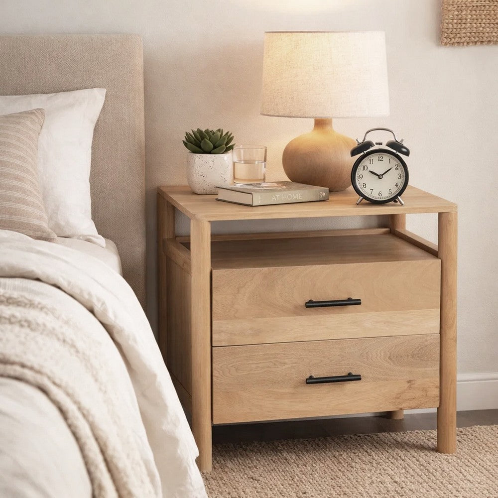 Geti 29 Inch Bedside Nightstand Table, 2 Drawer, Open Shelf, Handcrafted Natural Oak White Mango Wood