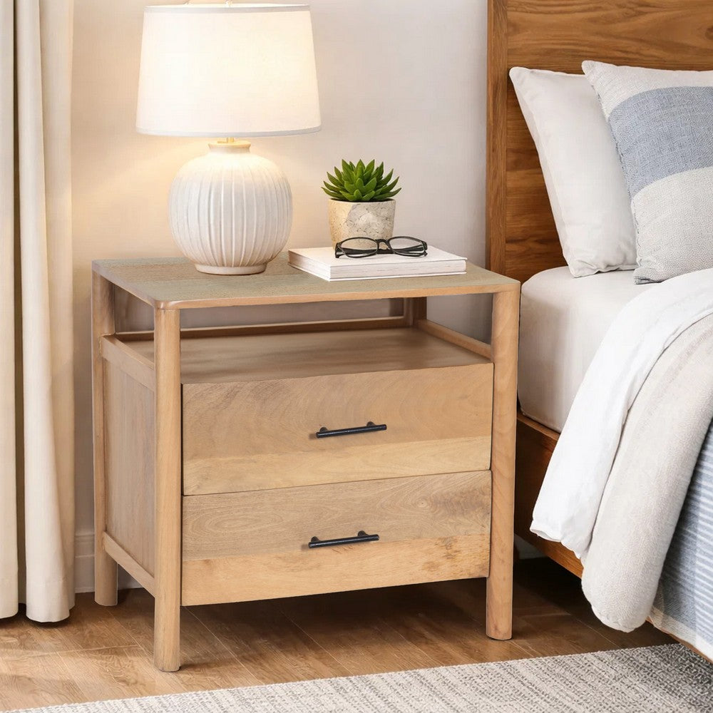 Geti 29 Inch Bedside Nightstand Table, 2 Drawer, Open Shelf, Handcrafted Natural Oak White Mango Wood