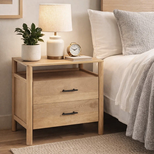 Geti 29 Inch Bedside Nightstand Table, 2 Drawer, Open Shelf, Handcrafted Natural Oak White Mango Wood