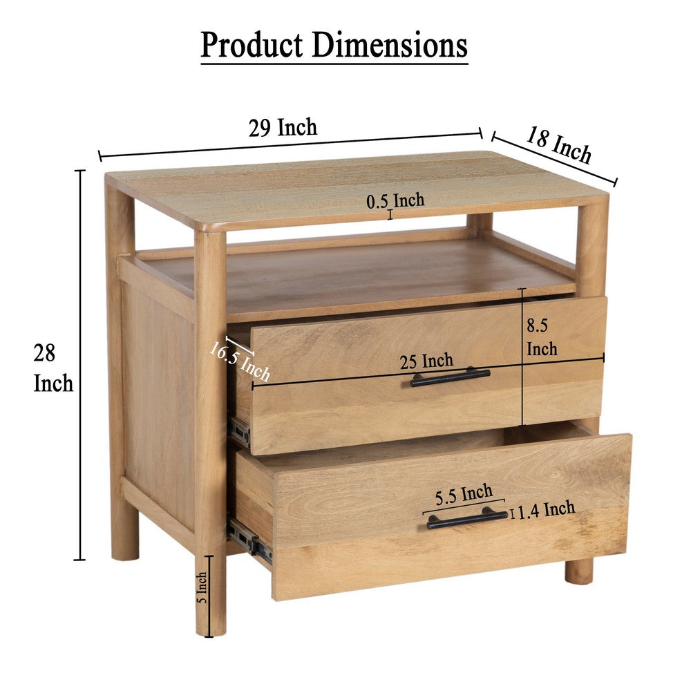 Geti 29 Inch Bedside Nightstand Table, 2 Drawer, Open Shelf, Handcrafted Natural Oak White Mango Wood