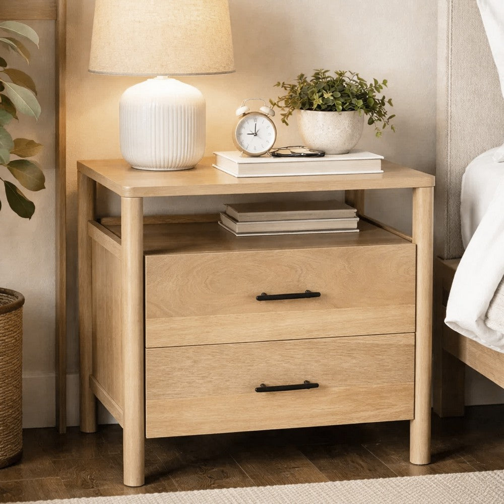 Geti 29 Inch Bedside Nightstand Table, 2 Drawer, Open Shelf, Handcrafted Natural Oak White Mango Wood