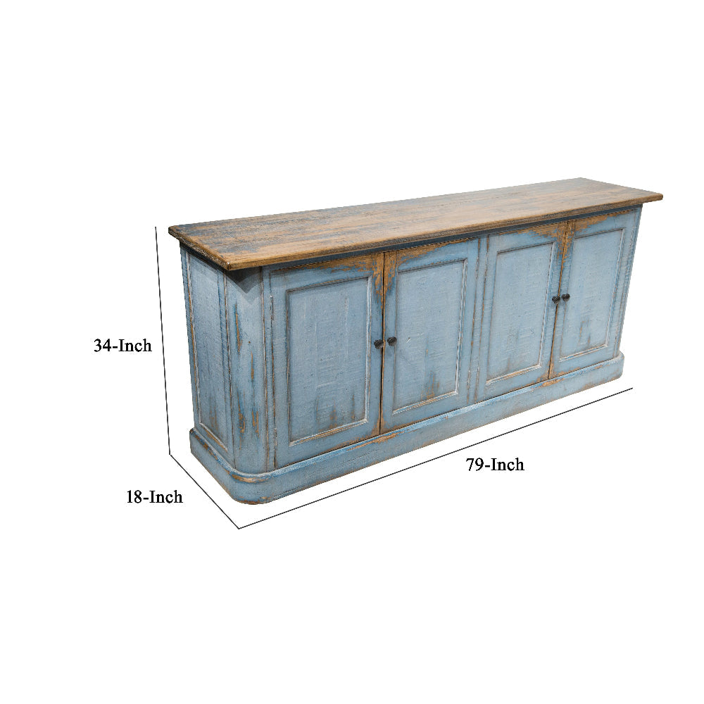 Lia Sideboard Buffet Cabinet 79 Inch 4 Doors Rustic Blue Pine Wood BM326521