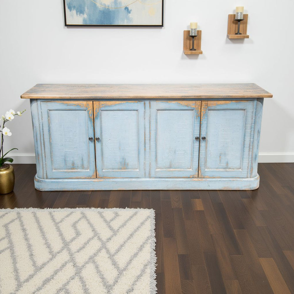 Lia Sideboard Buffet Cabinet, 79 Inch, 4 Doors, Rustic Blue Pine Wood