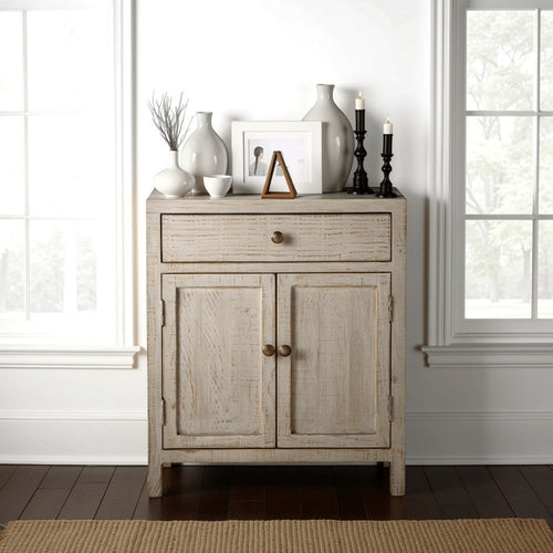 Lia Small Accent Cabinet, 2 Door, Drawer, Antique Style Whitewash Wood