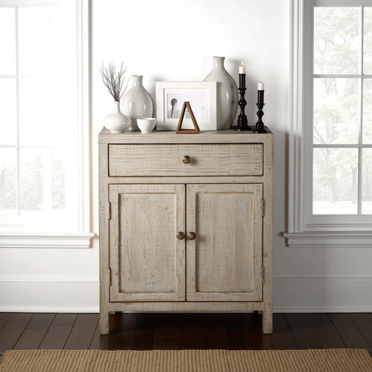 Lia Small Accent Cabinet, 2 Door, Drawer, Antique Style Whitewash Wood