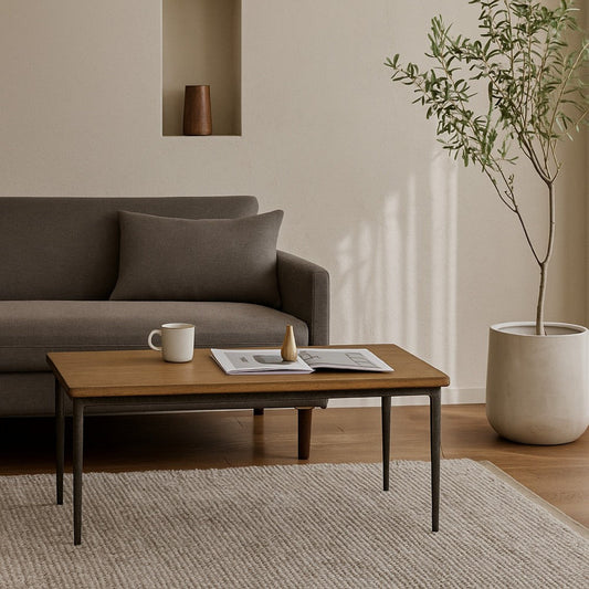 Lemy Coffee Table, 48" Rectangular Brown Top, Black Metal Accent Legs