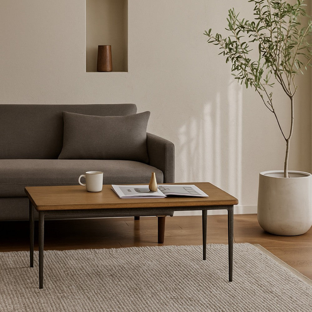 Lemy Coffee Table, 48" Rectangular Brown Top, Black Metal Accent Legs