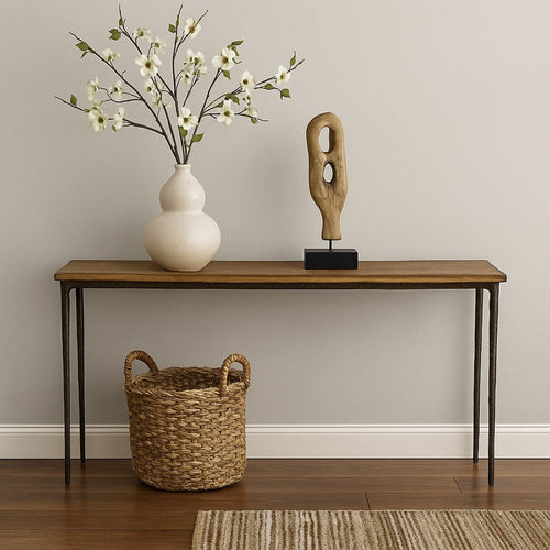 Lemy Sofa Console Table, 62" Rectangular Brown Top, Black Accent Legs