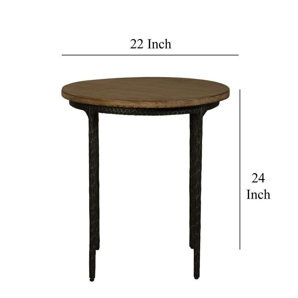 Lemy Side End Table 22’’ Rustic Round Brown Top Black Metal Legs BM326527