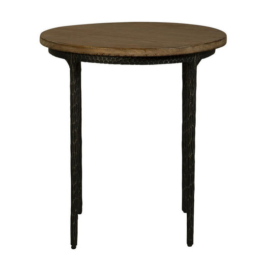Lemy Side End Table, 22" Rustic Round Brown Top, Black Metal Legs