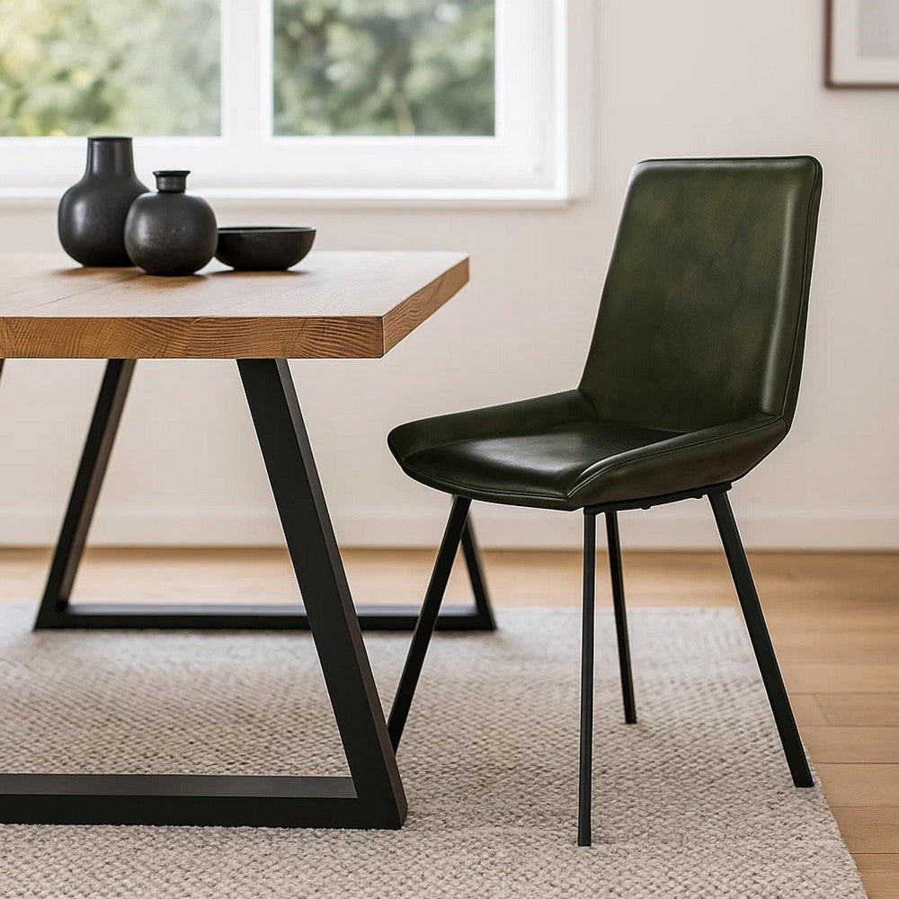 Isha Dining Chair Set of 2 with Rich Green Goat Leather, Black Iron