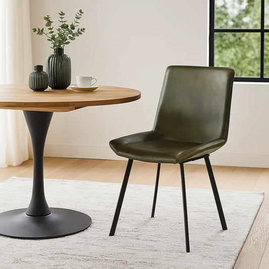 Isha Dining Chair Set of 2 with Rich Green Goat Leather, Black Iron