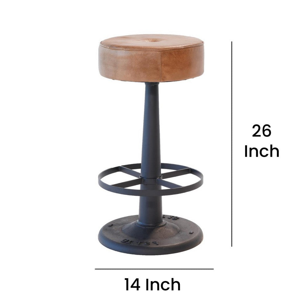 Counter Stool Brown Goat Leather Round Footrest Black Iron Pedestal BM326535