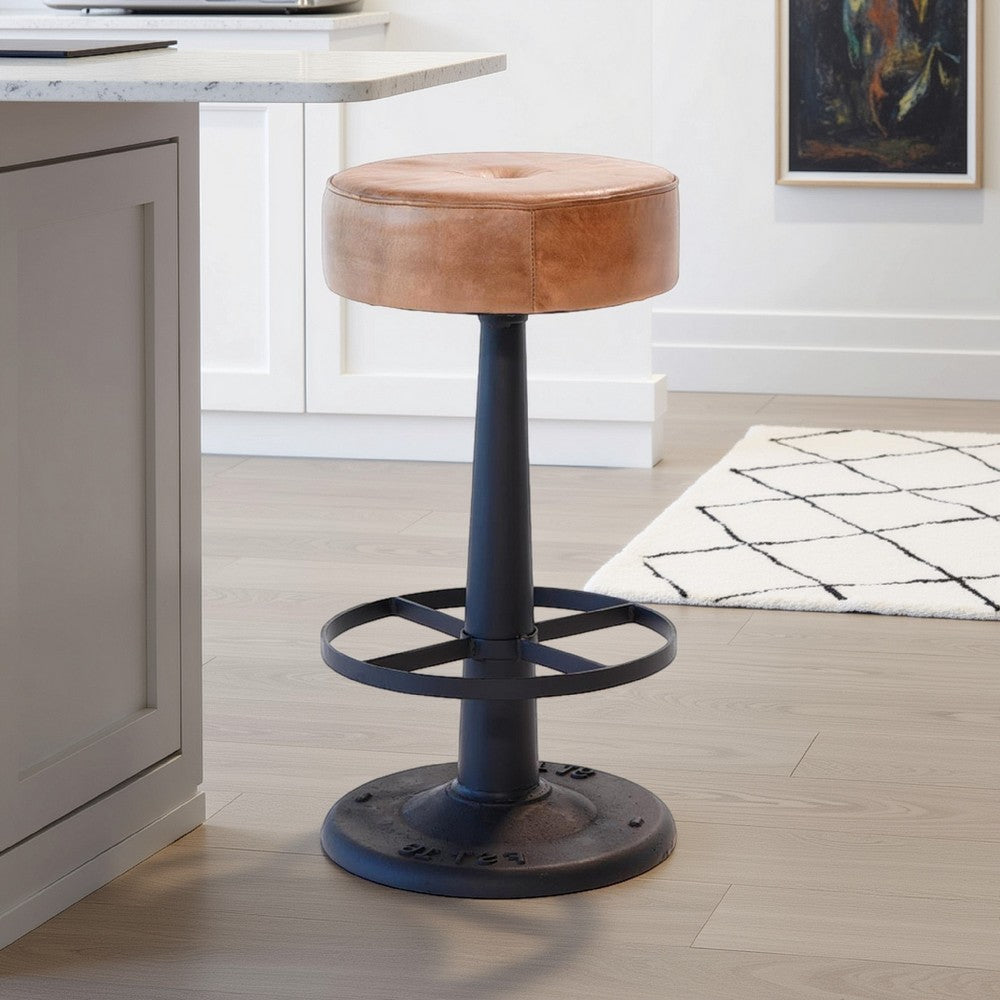 Counter Stool Brown Goat Leather Round Footrest Black Iron Pedestal BM326535