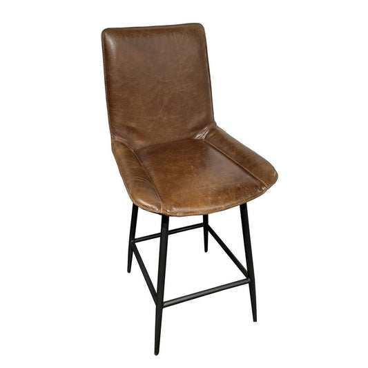Swivel Barstool Chair, Brown Faux Leather Upholstery, Black Iron Frame