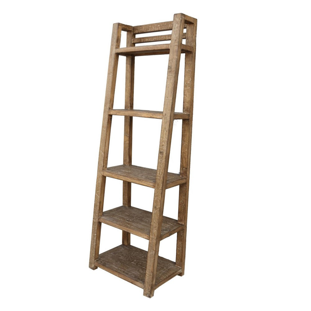 Bookcase, 5 Tier Shelves, Rustic Natural Brown Wood, Ladder Style, 72"